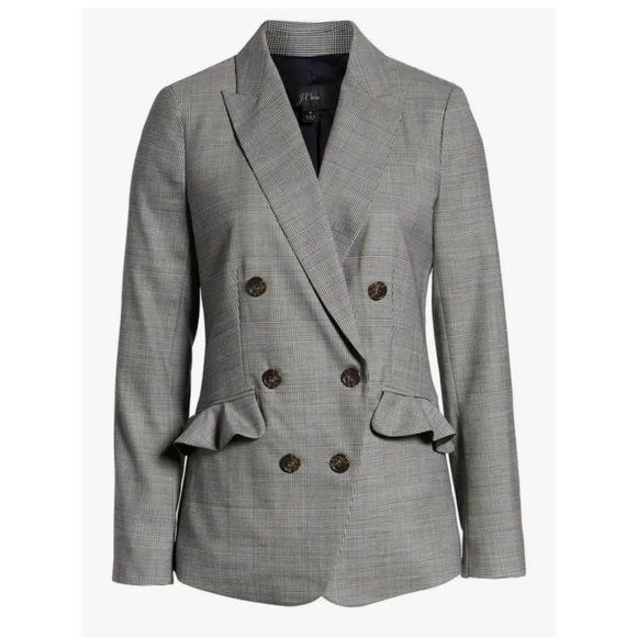 J Crew Glen Plaid Wool Ruffle Pocket Double Breasted Blazer Size 4 - Picture 3 of 16